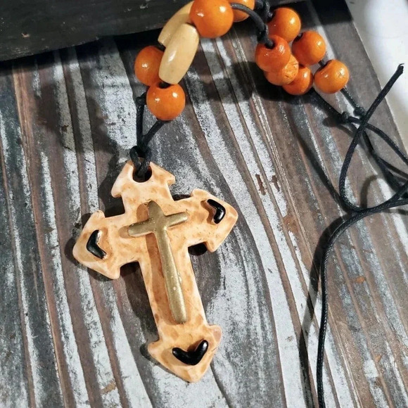 Artisan Christian Cross Unglazed Clay Lt Sienna Multicolor OOAK Pendant Necklace - Picture 5 of 8
